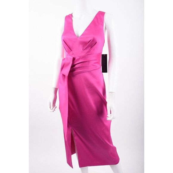 Aidan Mattox Womens Midi Dress Shutter Pleat Satin Bow Party Sz 8 Pink Flame NWT - Picture 4 of 6